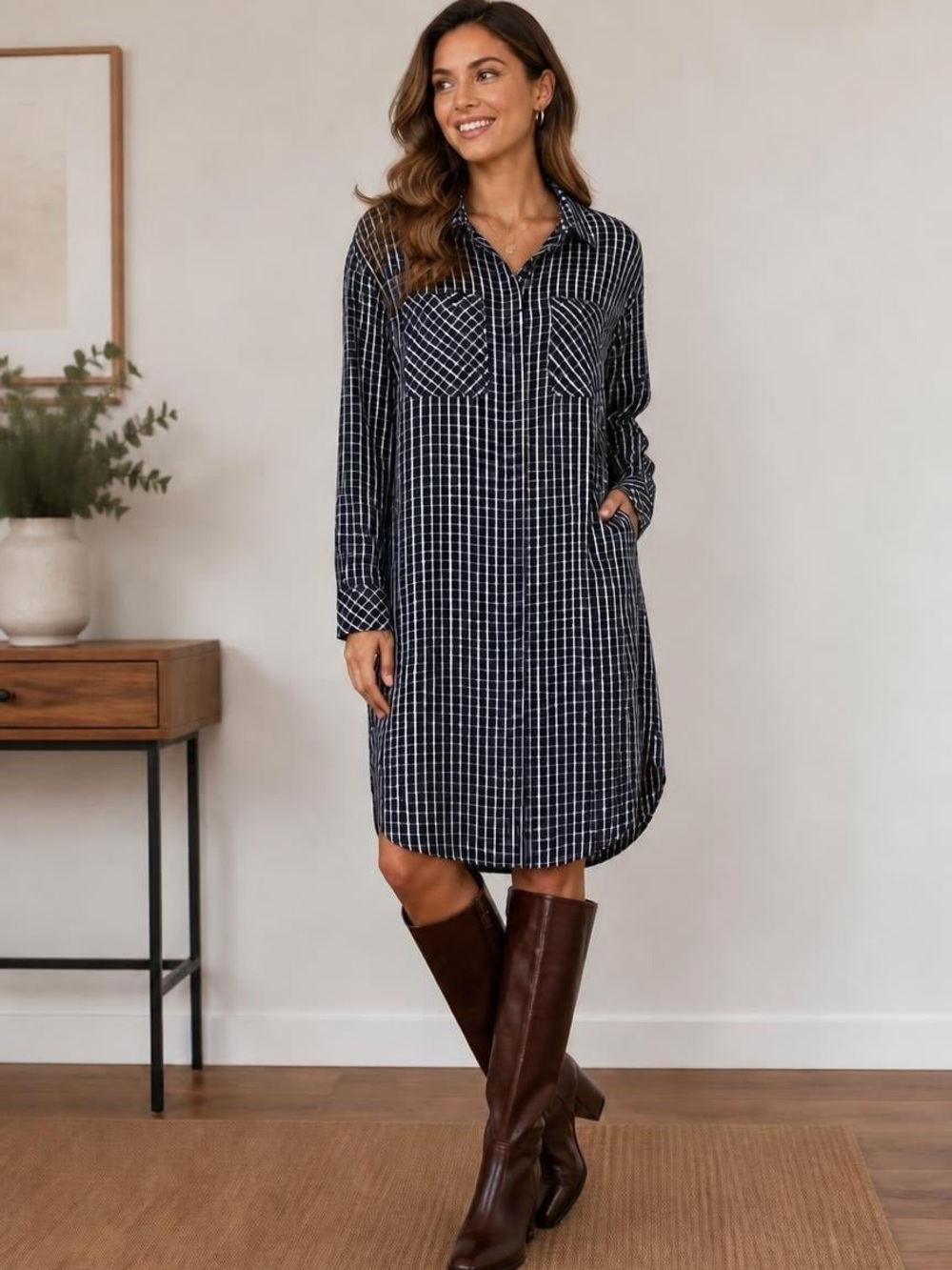 Navy and White Long Sleeve Plaid Shirt Dress